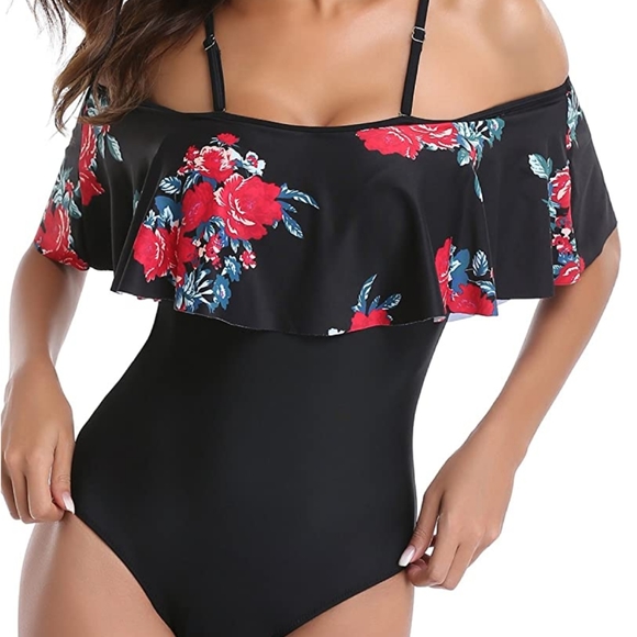 Black floral one piece off shoulder swimsuit - Picture 2 of 6